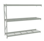 A metal shelving unit with three wire shelves is set against a white background. The minimalist design features adjustable shelves supported by a sturdy frame, suitable for organizing items in a garage or warehouse.