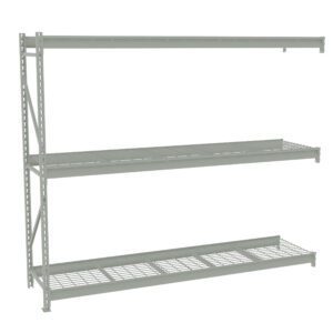 A metal shelving unit with three wire shelves is set against a white background. The minimalist design features adjustable shelves supported by a sturdy frame, suitable for organizing items in a garage or warehouse.