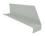 A gray metal trim piece with a right-angle bend, featuring a flat horizontal surface and an upright vertical section. The design appears to be functional, likely used for construction or roofing applications.