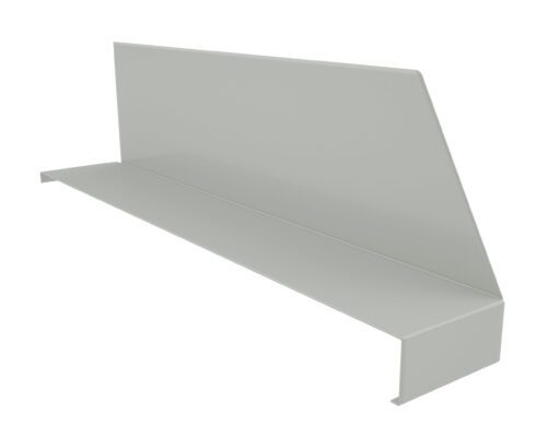 ecl8ryzwgd4i3qmcntrg.jpg A gray metal trim piece with a right-angle bend, featuring a flat horizontal surface and an upright vertical section. The design appears to be functional, likely used for construction or roofing applications.