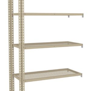 A beige, metal shelving unit with five adjustable, perforated shelves is seen against a white background. The unit has vertical support beams with small holes for shelf height adjustment.