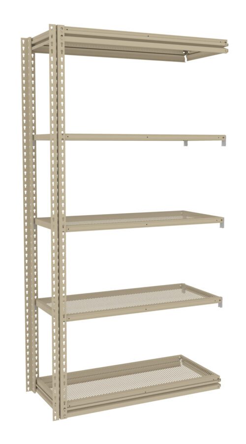 A beige, metal shelving unit with five adjustable, perforated shelves is seen against a white background. The unit has vertical support beams with small holes for shelf height adjustment.
