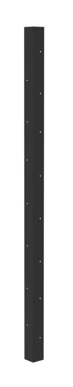 A tall, black, rectangular metal post with evenly spaced holes aligned in rows along its sides, set against a plain white background.