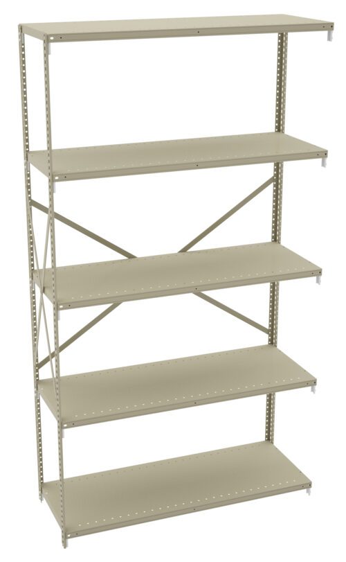 A metal shelving unit with five beige shelves, supported by a light-colored frame. The sides are perforated for adjustable shelf placement. The back has cross-bracing for stability. The unit is empty and stands against a plain background.
