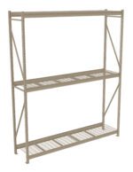 A large, beige metal storage rack with two wire mesh shelves. The rack has a simple, industrial design with vertical support beams connected by horizontal bars, providing ample space for storage or organization.