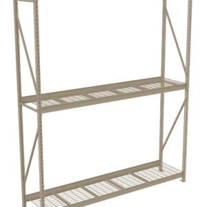 A large, beige metal storage rack with two wire mesh shelves. The rack has a simple, industrial design with vertical support beams connected by horizontal bars, providing ample space for storage or organization.