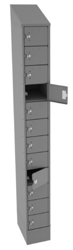 A tall, gray metal locker with multiple compartments, some of which are open. Each compartment has a lock and a handle, and the locker appears to be designed for storage or security purposes.