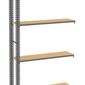 A metal shelving unit with five evenly spaced wooden shelves. The frame is made of gray metal with perforated side supports, suitable for storage in a garage or warehouse. The shelves are empty.