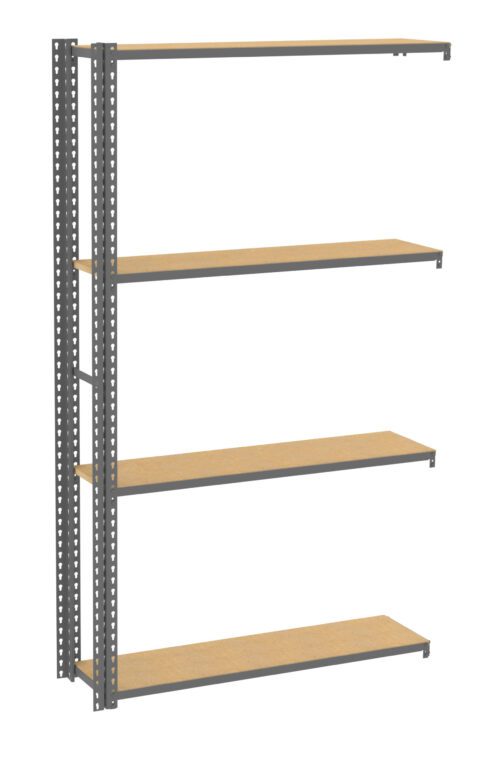 A metal shelving unit with five evenly spaced wooden shelves. The frame is made of gray metal with perforated side supports, suitable for storage in a garage or warehouse. The shelves are empty.