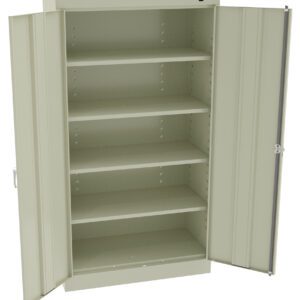 A beige metal storage cabinet with both doors open, revealing five empty, evenly spaced shelves inside. The cabinet has a simple, utilitarian design and stands against a plain background.