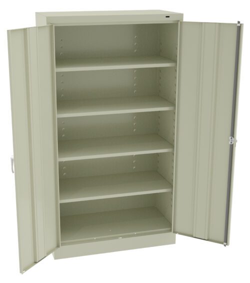 edtwjidyssonbxlmz64h.jpg A beige metal storage cabinet with both doors open, revealing five empty, evenly spaced shelves inside. The cabinet has a simple, utilitarian design and stands against a plain background.