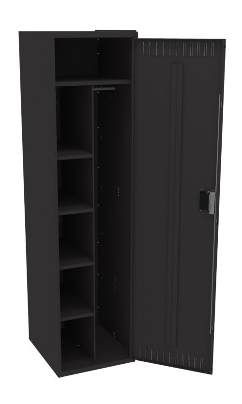 Black metal storage cabinet with one door open, revealing four interior shelves on the left and a long compartment with a hanging hook on the right. The exterior has a sleek and minimalist design.