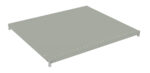 A flat, rectangular metal shelf with a light gray color and small holes along the edges. Its designed for use in shelving units and has four metal corners for secure attachment. The surface is smooth and uniform.