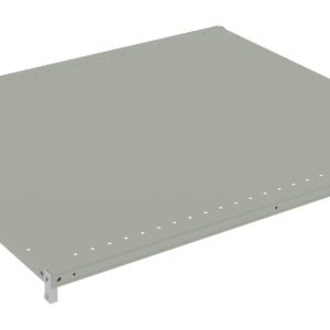 A flat, rectangular metal shelf with a light gray color and small holes along the edges. Its designed for use in shelving units and has four metal corners for secure attachment. The surface is smooth and uniform.