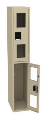 A tall, beige metal locker with two compartments. The upper compartment is closed with a lock, while the lower compartment has its door open, revealing an empty interior space. Both compartments have rectangular cutouts.