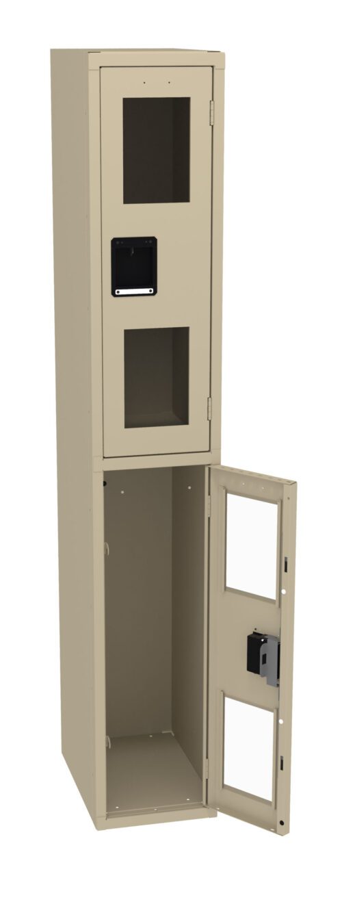 ee7qofwik8rwletbbzpc.jpg A tall, beige metal locker with two compartments. The upper compartment is closed with a lock, while the lower compartment has its door open, revealing an empty interior space. Both compartments have rectangular cutouts.