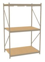 Metal shelving unit with three adjustable wooden shelves. The frame is light gray, featuring vertical supports and horizontal beams, designed for storage and organization. The shelves are spacious and suitable for various items.