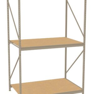 Metal shelving unit with three adjustable wooden shelves. The frame is light gray, featuring vertical supports and horizontal beams, designed for storage and organization. The shelves are spacious and suitable for various items.
