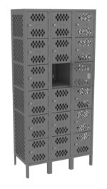 Gray metal locker unit with four columns, each containing five tiers of small compartments. Each locker door has a diamond-shaped perforation pattern. One locker door is open. The unit stands on four legs.