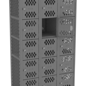 Gray metal locker unit with four columns, each containing five tiers of small compartments. Each locker door has a diamond-shaped perforation pattern. One locker door is open. The unit stands on four legs.