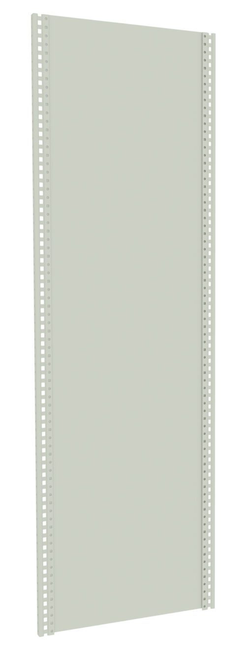 A tall, rectangular metal panel with vertical rows of evenly spaced holes along the sides, likely for shelving or structural support. The panel is light grey in color and is positioned vertically against a plain background.