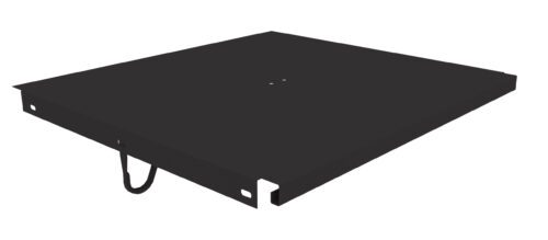 A black, rectangular, metal sled cable tray with a flat surface and two small holes at the center. It has a curved cable on one side for mounting purposes.