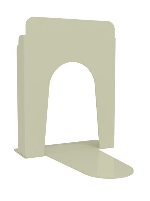 A beige, arch-shaped metal object with a flat, oval base. The design resembles an abstract modern sculpture with a minimalist aesthetic.