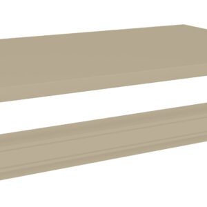 A beige metal shelf and a matching beam are shown. The shelf is rectangular and flat, while the beam is long and has a grooved surface with holes for attachment. Both pieces appear to be part of a shelving unit system.