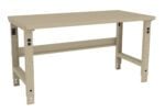 A beige, adjustable metal workbench with a flat top and four sturdy legs. The bench has holes in the legs for height adjustment and support bars underneath for stability.