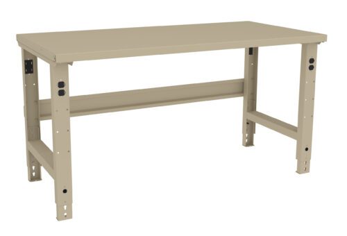 efurqhk01nxpewvj46kn.jpg A beige, adjustable metal workbench with a flat top and four sturdy legs. The bench has holes in the legs for height adjustment and support bars underneath for stability.