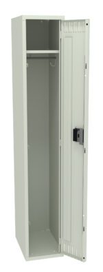 Tall, light grey metal locker with the door open. Inside, theres an empty interior with a single shelf and a hanging rod. The locker has a black latch for securing the door.