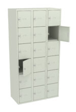 A beige metal locker unit with three columns and multiple compartments. Some of the locker doors are open, revealing empty storage spaces inside. Each door has a handle and a small rectangular label holder.