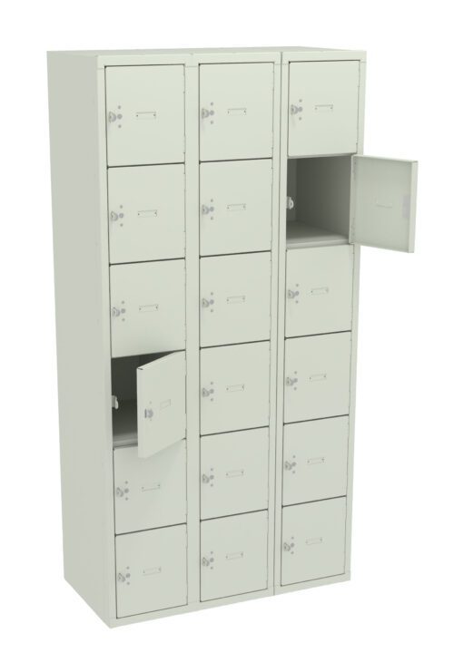 A beige metal locker unit with three columns and multiple compartments. Some of the locker doors are open, revealing empty storage spaces inside. Each door has a handle and a small rectangular label holder.