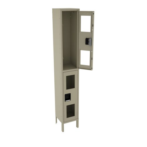 A tall, beige metal locker with two compartments. The top compartments door is open, revealing an empty interior. The lower compartments door, featuring two vents, is closed. The locker stands on four legs.