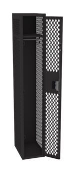 Image of a black metal locker with a diamond-patterned mesh design. The locker door is open, revealing an empty interior with a single horizontal bar inside. The locker has a lock mechanism on the door.