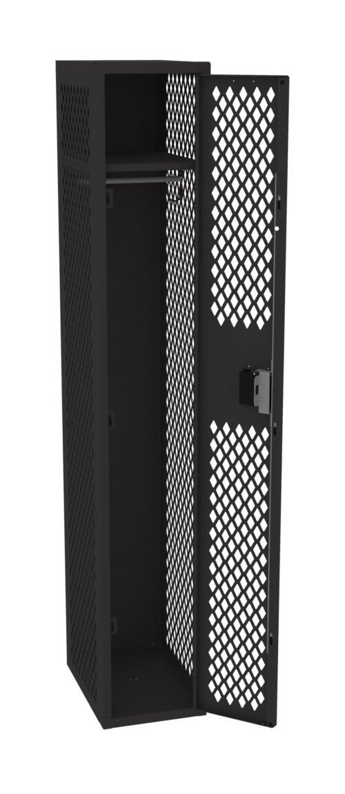 eh0y9awnka3puesabj4b.jpg Image of a black metal locker with a diamond-patterned mesh design. The locker door is open, revealing an empty interior with a single horizontal bar inside. The locker has a lock mechanism on the door.