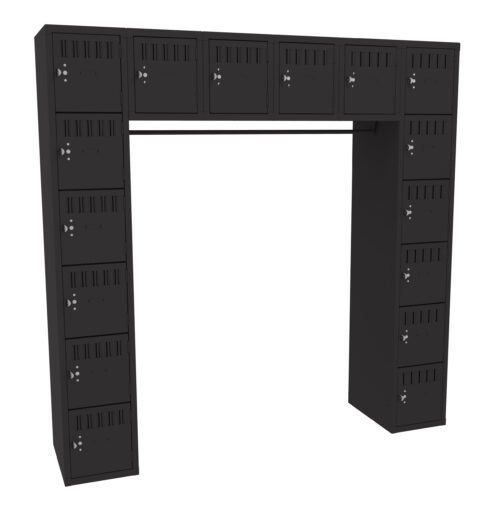 ehkvl3tdkcbabiy6eyj1.jpg Image of a large, black metal locker unit with multiple compartments. The design is H-shaped, with two vertical columns of lockers on each side and a horizontal row of lockers across the top, leaving an open space in the center.