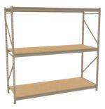 A three-tier industrial storage shelf with a metal frame and wooden shelves, standing on a white background.