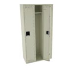 An open beige metal locker with two compartments. The right compartment door is partially open, revealing an empty interior with a hook for hanging items. The locker has ventilation slots and black handles on each door.