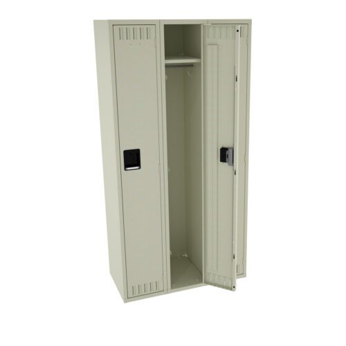 ehxwmjyjo4qxpbqjphqy.jpg An open beige metal locker with two compartments. The right compartment door is partially open, revealing an empty interior with a hook for hanging items. The locker has ventilation slots and black handles on each door.