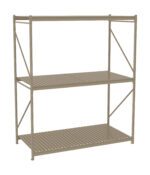A beige, three-tier metal shelving unit with slatted shelves and cross-bracing on the sides for support, set against a plain white background.