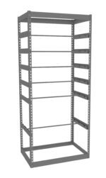 A tall, empty gray metal shelving unit with multiple adjustable horizontal shelves, set within a rectangular frame, against a plain white background.