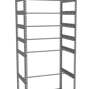 A tall, empty gray metal shelving unit with multiple adjustable horizontal shelves, set within a rectangular frame, against a plain white background.
