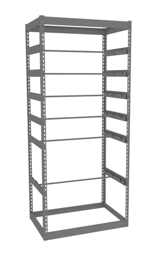 A tall, empty gray metal shelving unit with multiple adjustable horizontal shelves, set within a rectangular frame, against a plain white background.