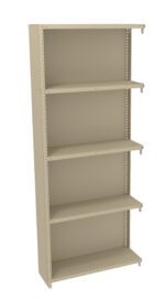 A beige metal shelving unit with five adjustable shelves. The unit is tall, vertical, and standalone, suitable for storage or organizing items. The shelves are evenly spaced and supported by vertical metal brackets.
