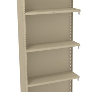 A beige metal shelving unit with five adjustable shelves. The unit is tall, vertical, and standalone, suitable for storage or organizing items. The shelves are evenly spaced and supported by vertical metal brackets.