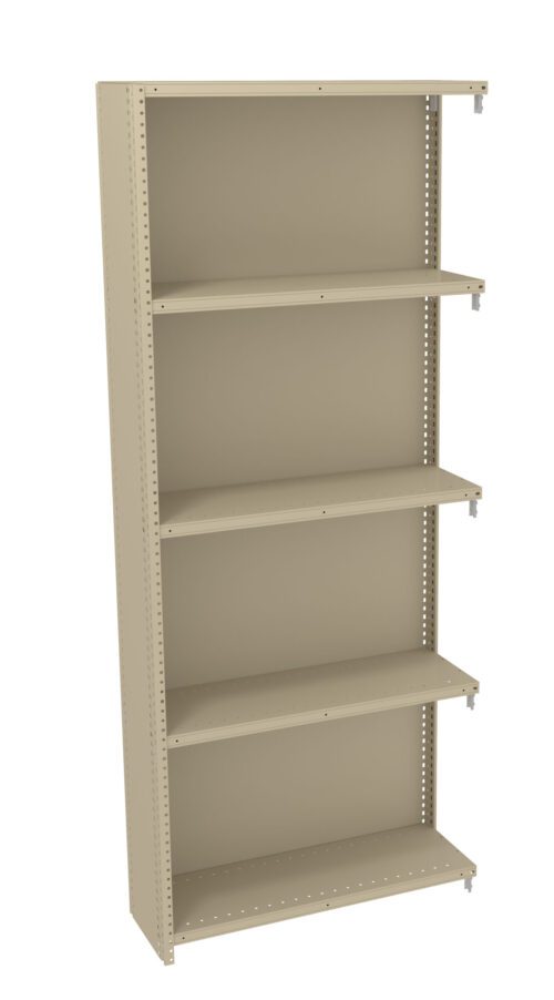 ej6xmxm5dffttbhub05p.jpg A beige metal shelving unit with five adjustable shelves. The unit is tall, vertical, and standalone, suitable for storage or organizing items. The shelves are evenly spaced and supported by vertical metal brackets.