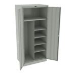 A gray metal storage cabinet with two doors open, revealing multiple shelves inside. The left side has one large compartment, while the right side contains five smaller shelves. The cabinet is empty and stands against a plain white background.