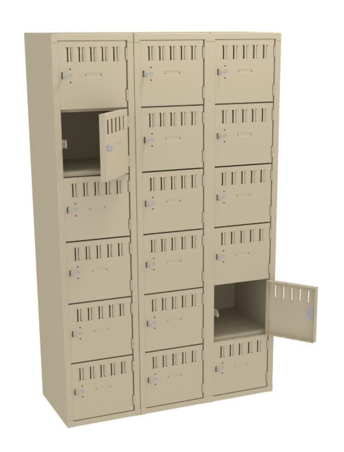 A beige metal locker unit with fifteen compartments arranged in three columns and five rows. Some of the locker doors are open, revealing empty interior spaces. Each locker has a ventilation slot at the top and a lock mechanism.