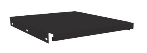 A black metal rack shelf with a flat surface and multiple mounting holes on the sides, designed for installation in a standard equipment rack. The shelf is shown against a white background, highlighting its minimalist design.
